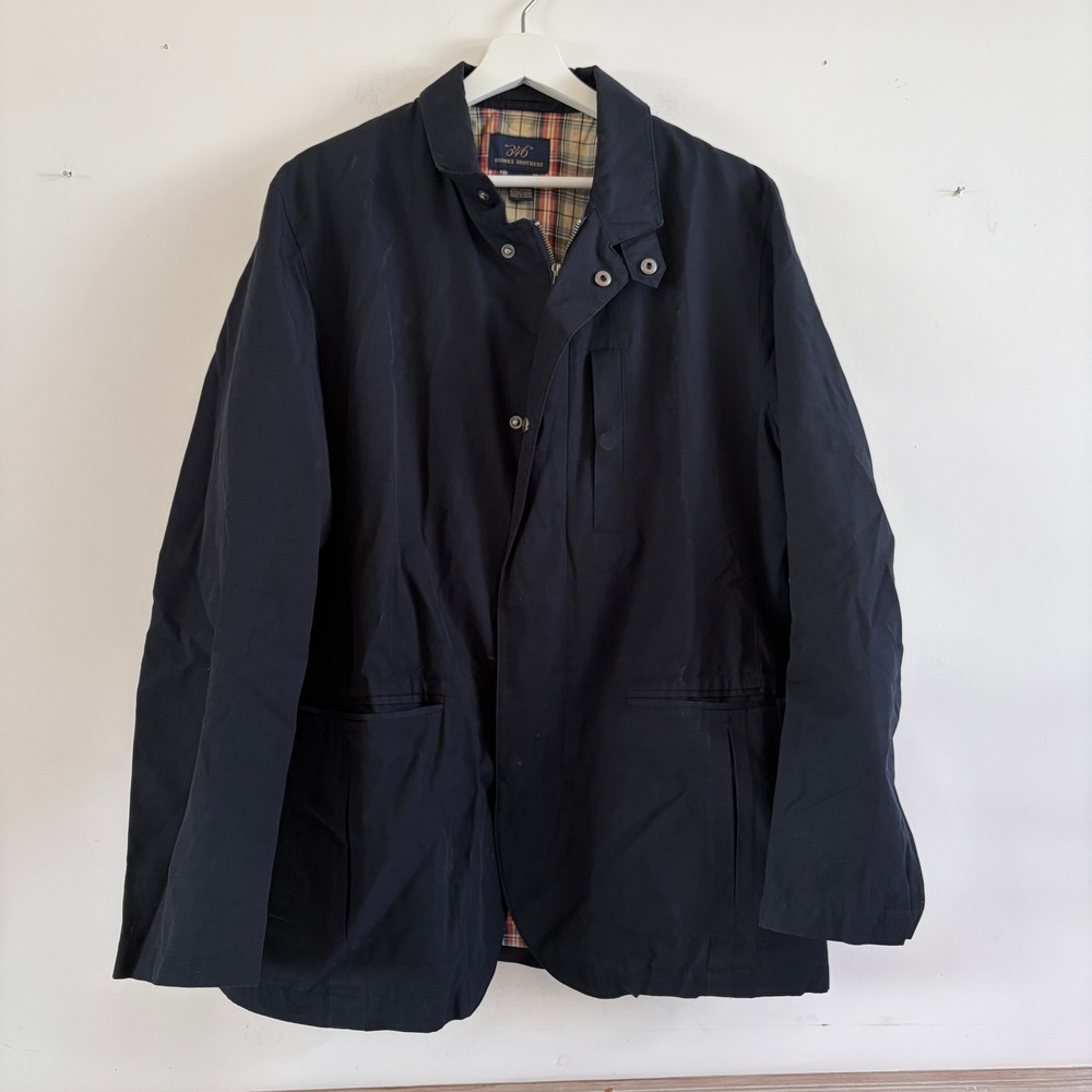 Brooks Brothers 346 Mens Navy Blue Field Jacket Plaid Lined Cotton Blend Large
